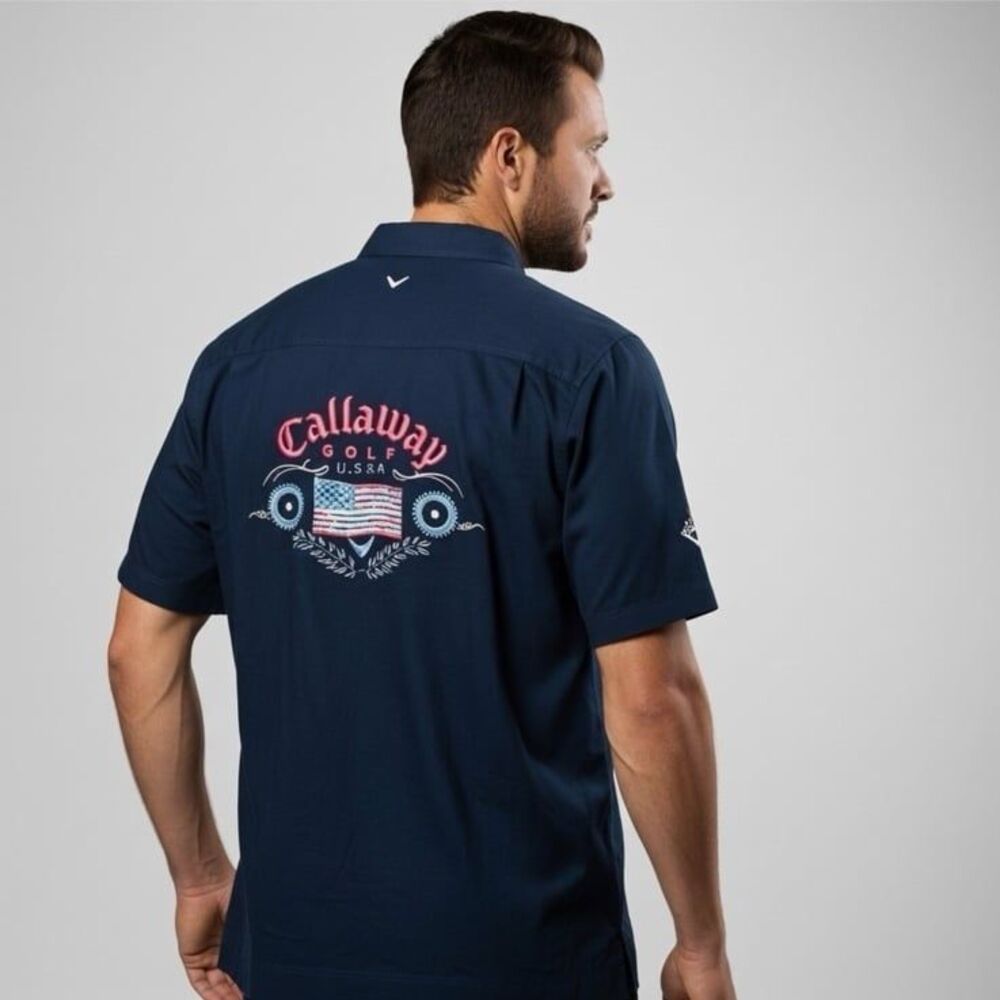 Callaway Golf Sport Aloha Camp Shirt Patriotic USA Flag Graphic Navy Button Up L
